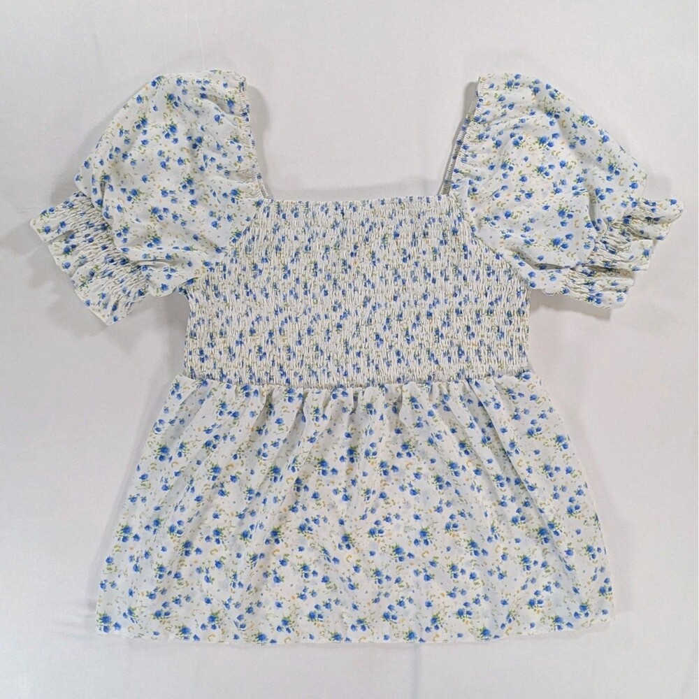 Shein Plus white blue floral smocked square neck flutter sleeve peplum blouse xl